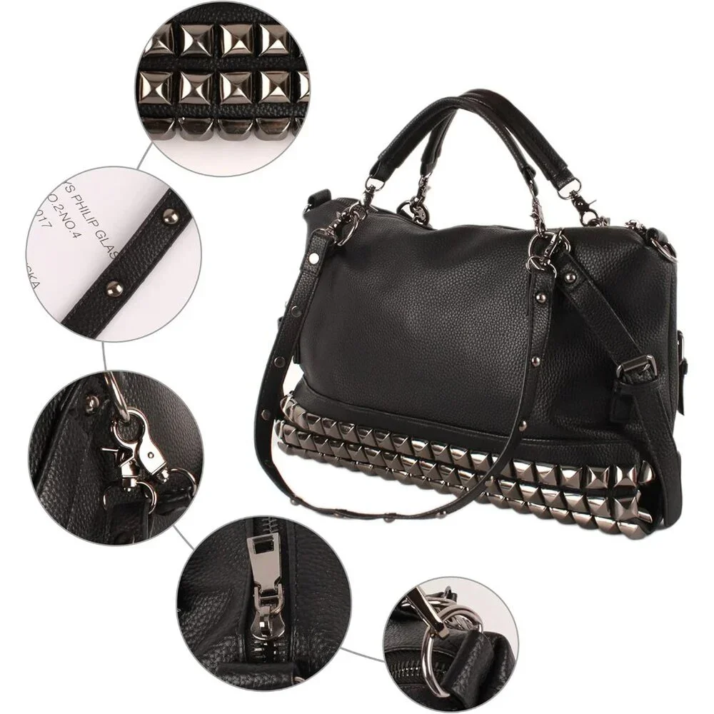 Punk Rivet Hobo Handbag for Women Large Crossbody Faux Leather Black Stylish Ret - Picture 5 of 6